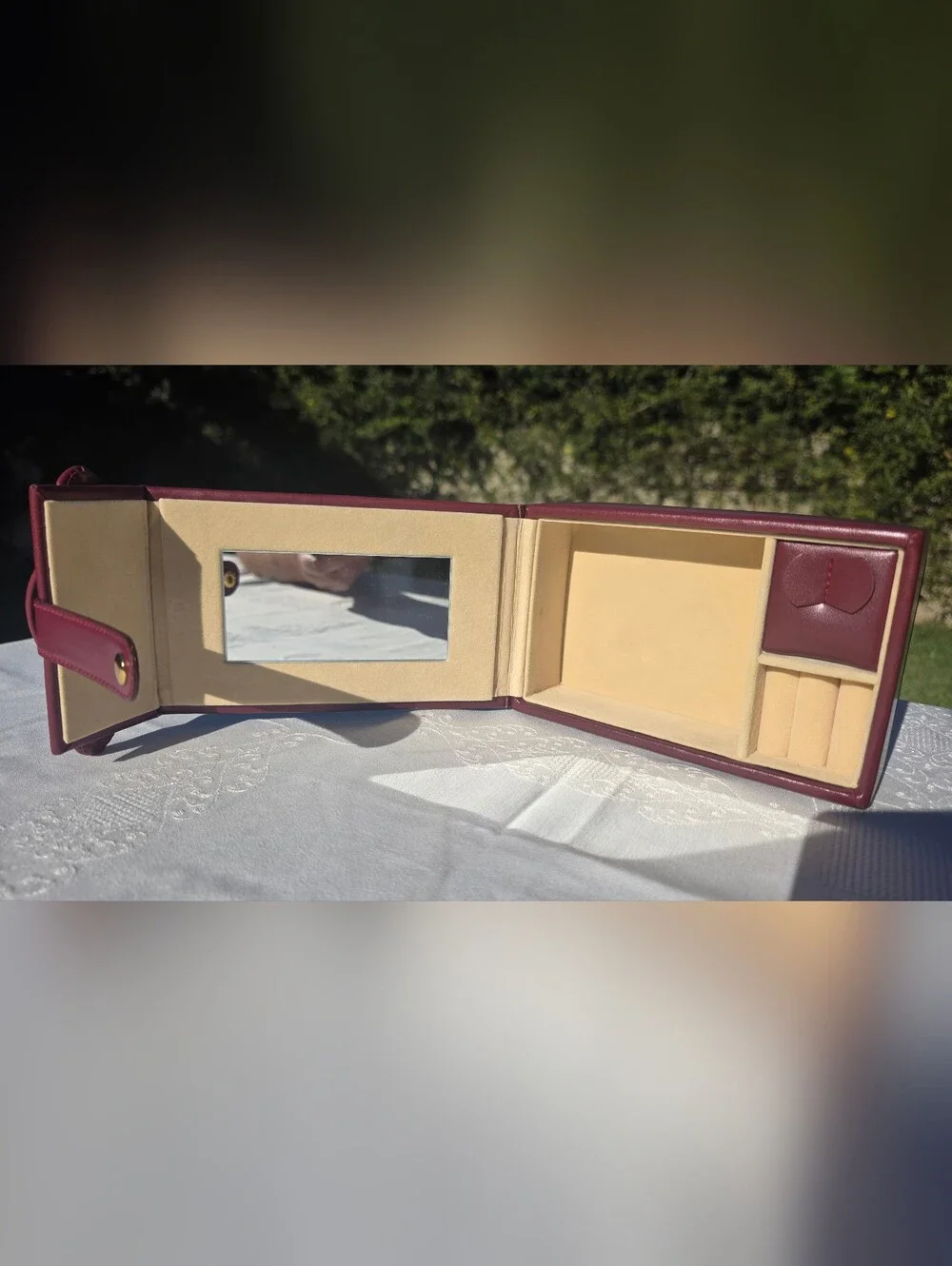Vintage Burgundy Travel Jewelry Case Mirror Ring Storage Vanity Box
